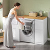 SoBuy BZR223-WN, Washing Machine Cabinet with Laundry Basket 100x60x95 cm Laundry & Bathroom | Cabinet Above Washing Machine, Washing Machine Cover with Removable Clothes Airer, White and Wooden Wardrobe