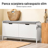SoBuy FSR151-L-W Stojalo za čevlje Prostorsko varčna vhodna klop Klop za shranjevanje z oblazinjeno blazino in strukturo MDF in železa, obremenitev do 250 kg, nordijski dizajn, bela in siva, 105x24x52 cm