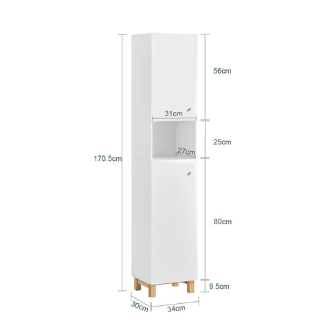 SoBuy Visoka mobilna kopalniška omara z 2 belimi stolpci Beli kotiček kopalnice 34x30x170cm BZR91-W