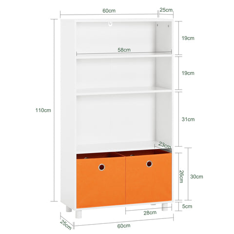 SoBuy Otroška knjiga o knjigah z dvema oranžnima škatlama shranjevanje polic za otroško pohištvo za otroško spalnico belo 60x25x110 cm kmb68-w