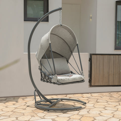 SoBuy Luxe suspendiran fotelj z okvirjem+mehki sedežni blazini+oblazinjeni naslonjal, obešeni košarici, za notranjost in na prostem, zibanje košare, siva, OGS57-HG